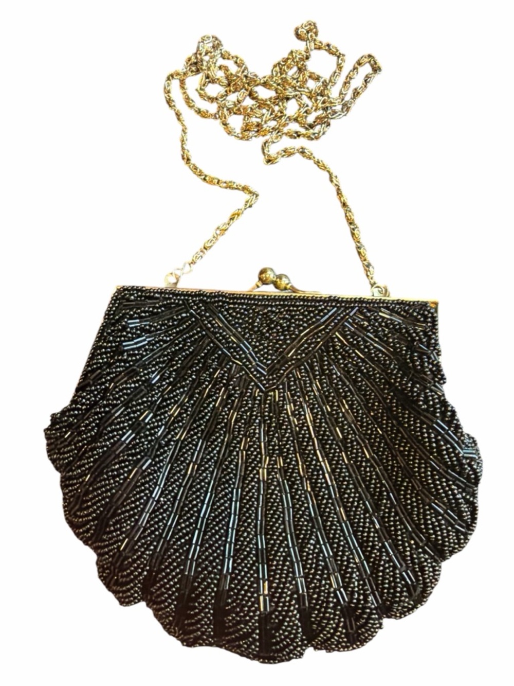 La Regale LTD Vintage Black Beaded Evening Bag Clutch Gold Chain Art Deco - Picture 9 of 11